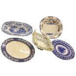 Two Victorian blue & white oval meat ashets; a circular handpainted floral platter with pierced