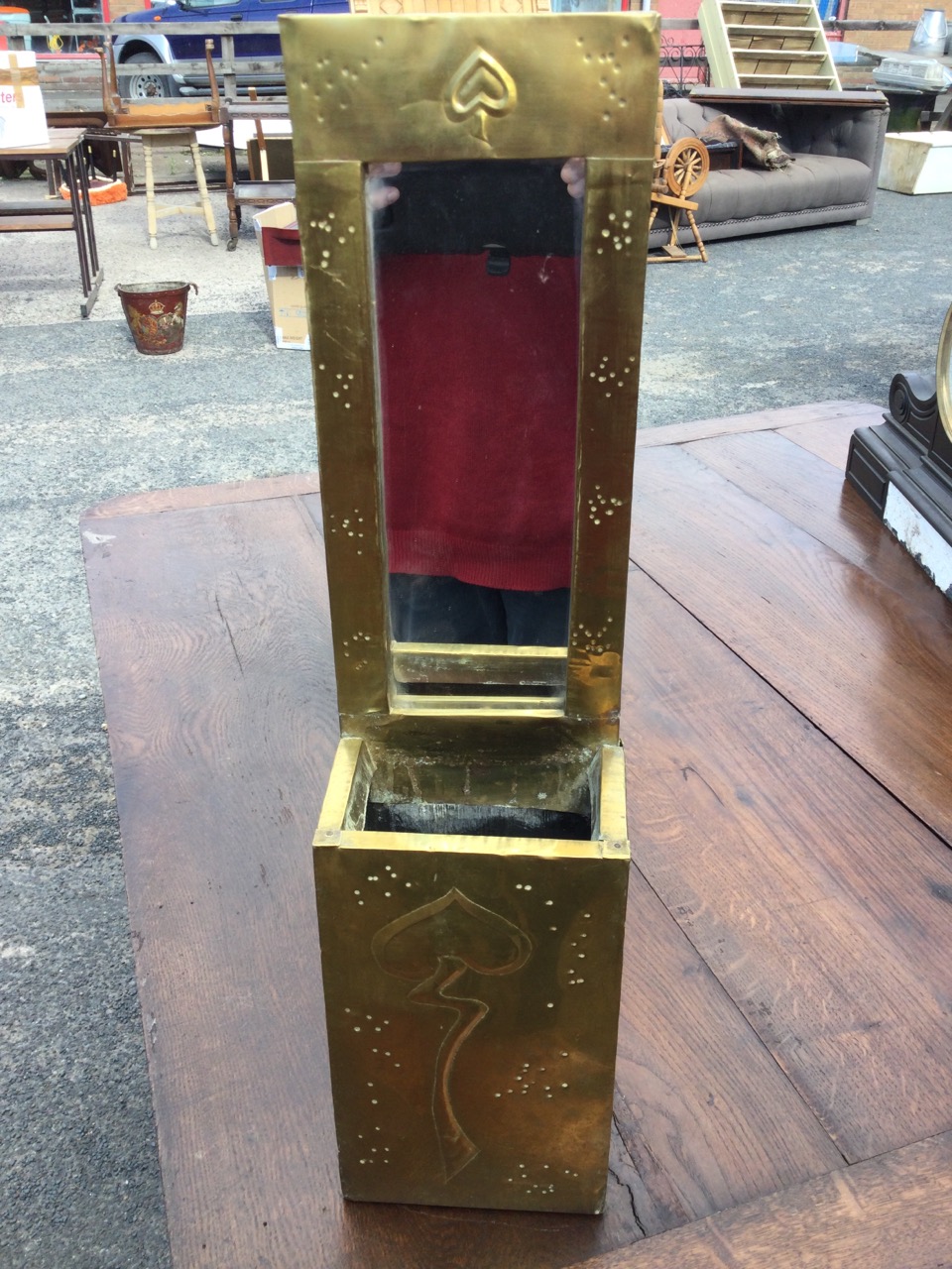 An art nouveau style brass wall pocket with rectangular frame to mirror above an open box, the brass - Image 3 of 3