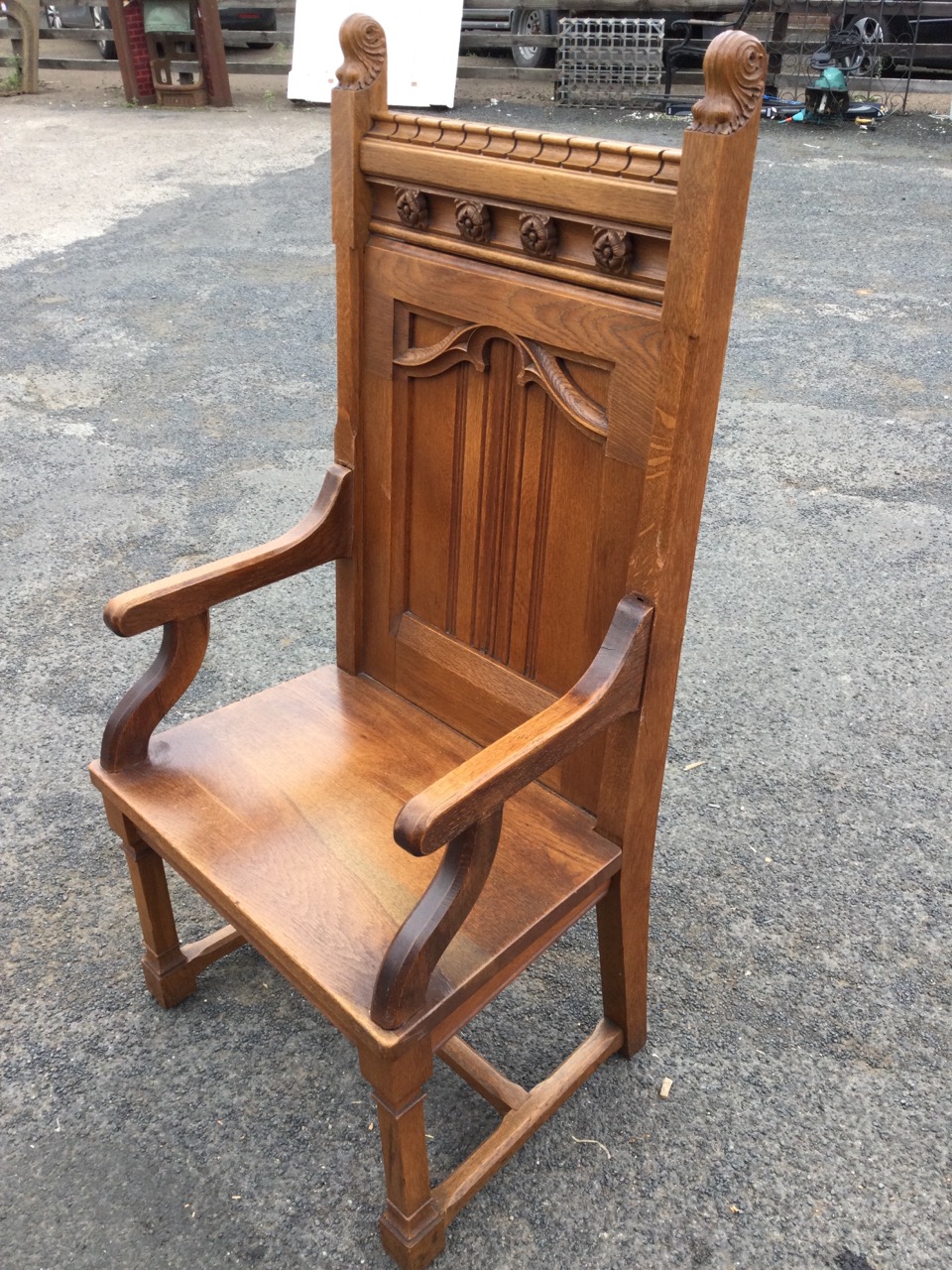 A late Victorian oak armchair with dentil moulding to back rail above a frieze mounted with carved - Image 3 of 3