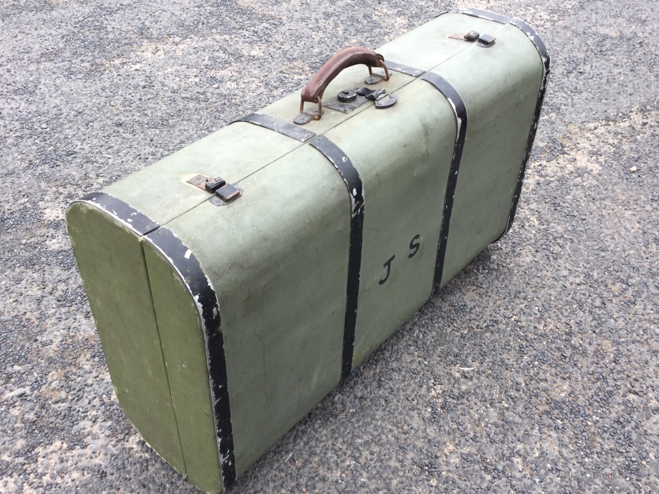 A canvas covered wood motoring trunk, the rounded case with leather handle and painted metal mounts; - Image 2 of 3