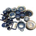 A 1960s Derby style dinner/tea & coffee set decorated with polychrome floral bands on mottled blue