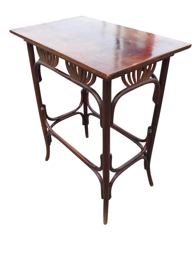 An Edwardian bentwood occasional table, the rectangular top above fan shaped pierced fretwork