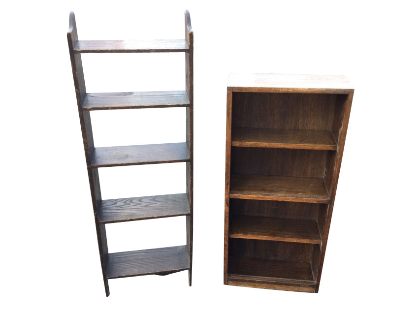 An oak open bookcase with five shelves having shaped sides; and another small set of open