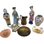 Miscellaneous ceramics: three large Chinese porcelain figurines, a Victorian copper lustre