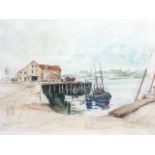 Peter Knox, pen & watercolour, view of Berwick quayside with figures, signed & titled, mounted &