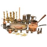 Miscellaneous copper, brass and pewter including four pairs of nineteenth century candlesticks,