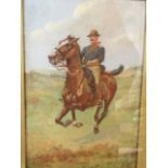 Oil on board, mounty on horseback in landscape, signed with monogram and dated 1912, in gilt & gesso