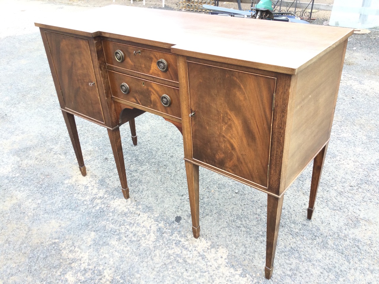 A Georgian style breakfront mahogany sideboard with two central cockbeaded drawers flanked by - Image 3 of 3