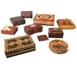 Ten miscellaneous boxes including inlaid, carved, cigarette boxes, walnut, lacquered, etc. (10)