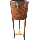 An Edwardian painted satinwood jardiniere stand, the tubular pot painted with child & birds in