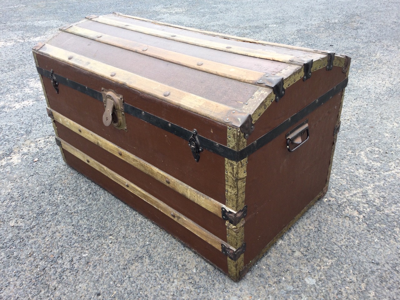 A canvas covered wood motoring trunk, the rounded case with leather handle and painted metal mounts; - Image 3 of 3