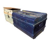 A painted old tin trunk with wood battens to top having carrying handles to ends; and two