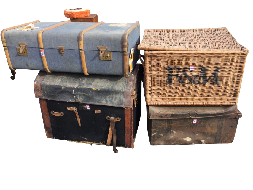 A Victorian domed top trunk with leather straps and mounts, having brass lock; a cane Fortnum &
