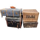 A Victorian domed top trunk with leather straps and mounts, having brass lock; a cane Fortnum &