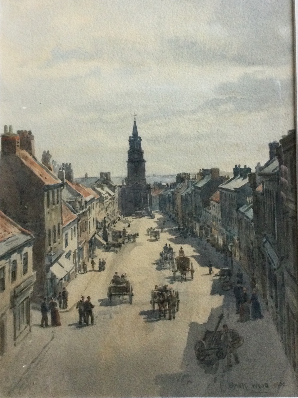 Frank Watson Wood, watercolour, view of Berwick upon Tweed looking down Marygate to the town hall,