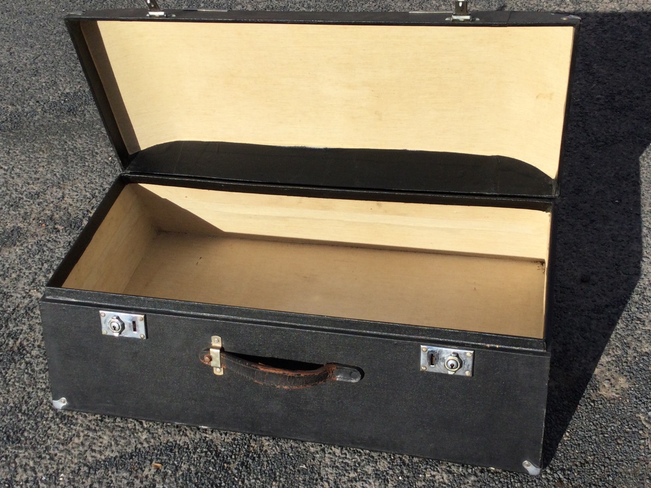 A shaped motoring trunk with chrome mounts and leather handle; a pigskin leather suitcase with brass - Image 2 of 3