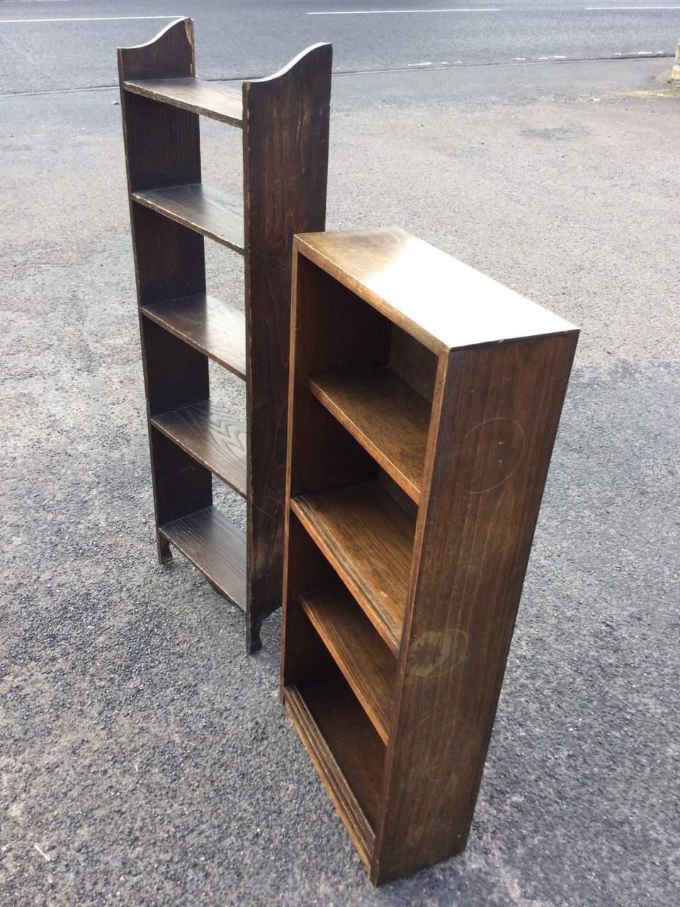 An oak open bookcase with five shelves having shaped sides; and another small set of open - Image 2 of 3