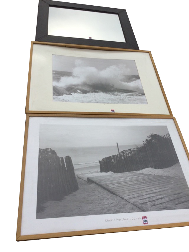 Two large contemporary oak framed seascape photographs; and a modern faux leather framed rectangular