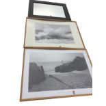 Two large contemporary oak framed seascape photographs; and a modern faux leather framed rectangular