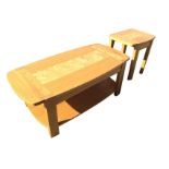 A pair of contemporary rectangular rounded oak coffee tables, each with central burr panels, on