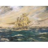 AE Cooke, oil on board, three masted sailing ship in choppy seas, signed & dated, inscribed to verso