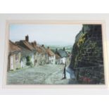 Geoff Butterworth, watercolour, Shaftesbury cobbled street, signed, titled to verso label - Living