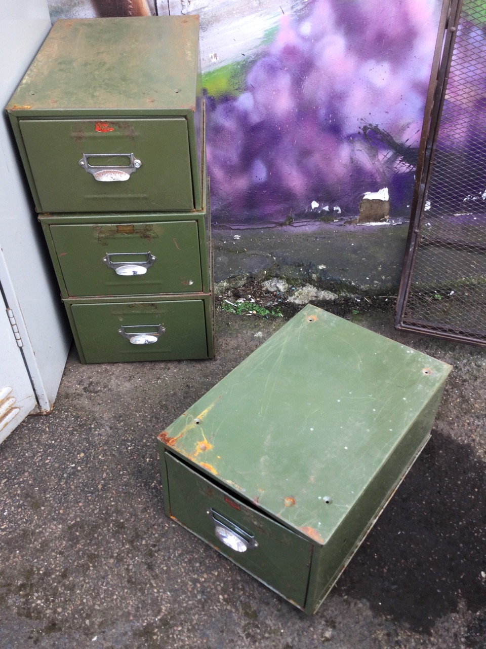 Four metal card index file drawers, mounted with chromed cup handles with label holders. (10.5in x - Image 3 of 3