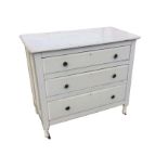 A painted chest of drawers with rectangular moulded top above three long drawers, having panelled