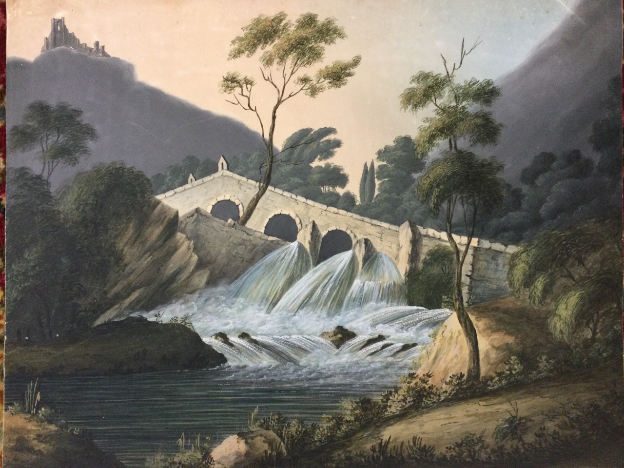 Anna Maria Powell, watercolour with bodycolour, river landscape scene with ruin on hill and arched