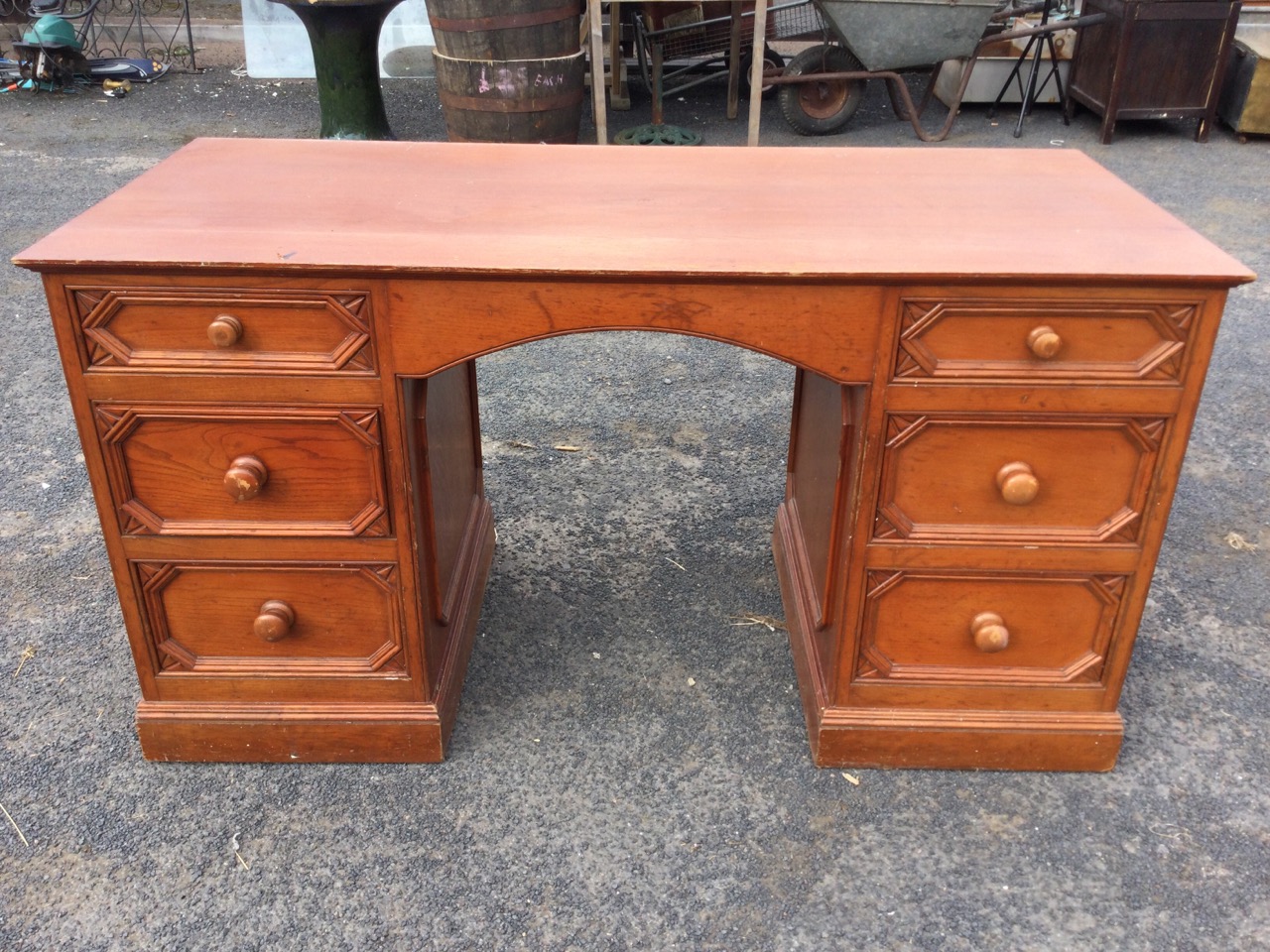 An oak kneehole desk by Smallbone, with rectangular top above an arched frieze apron and two - Image 2 of 3
