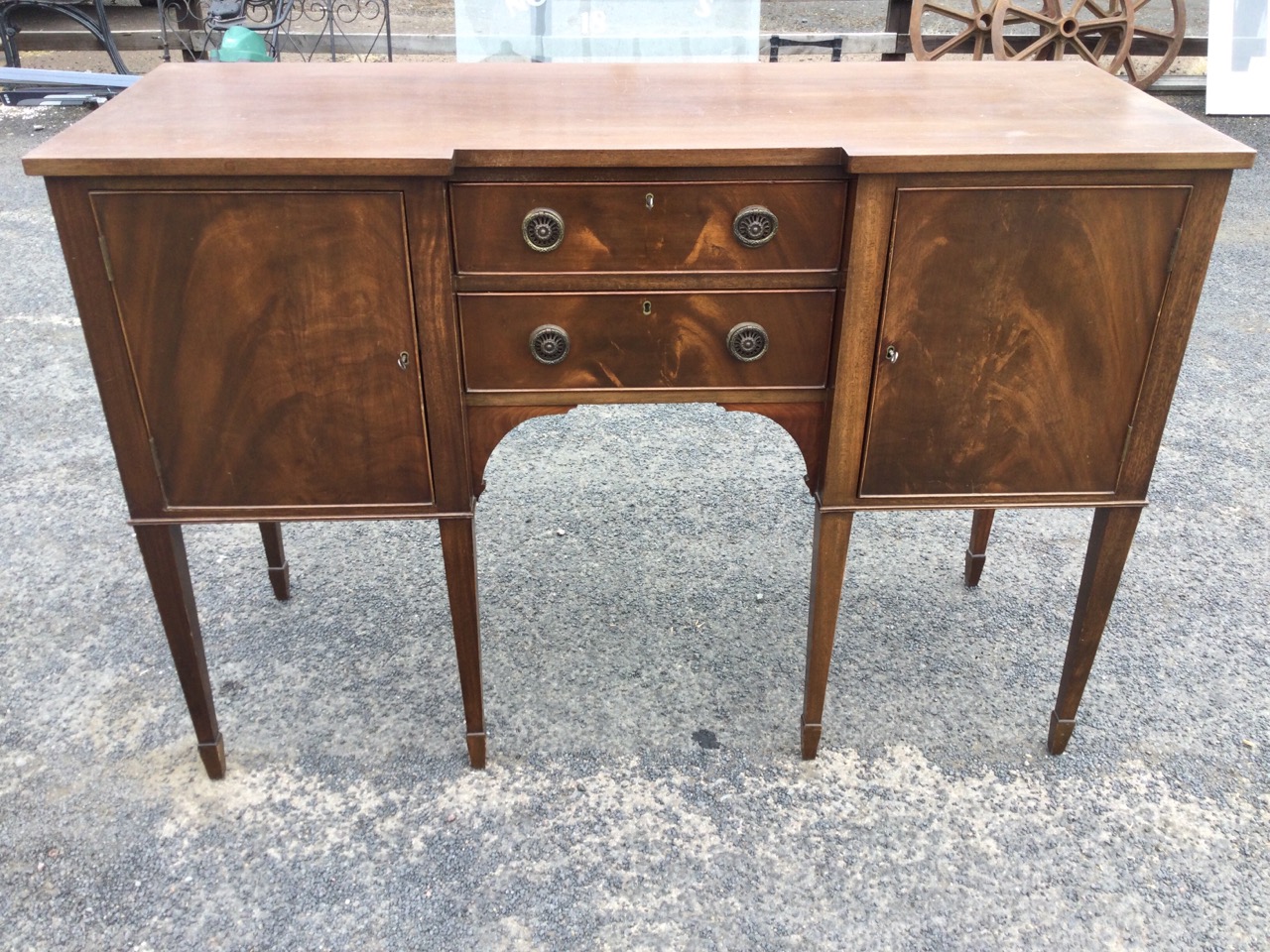 A Georgian style breakfront mahogany sideboard with two central cockbeaded drawers flanked by - Image 2 of 3