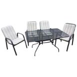A conservatory garden table & chair set, the rectangular rounded table with mesh top on four