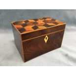 A nineteenth century rosewood tea caddy with square specimen wood geometric inlay to top framed by