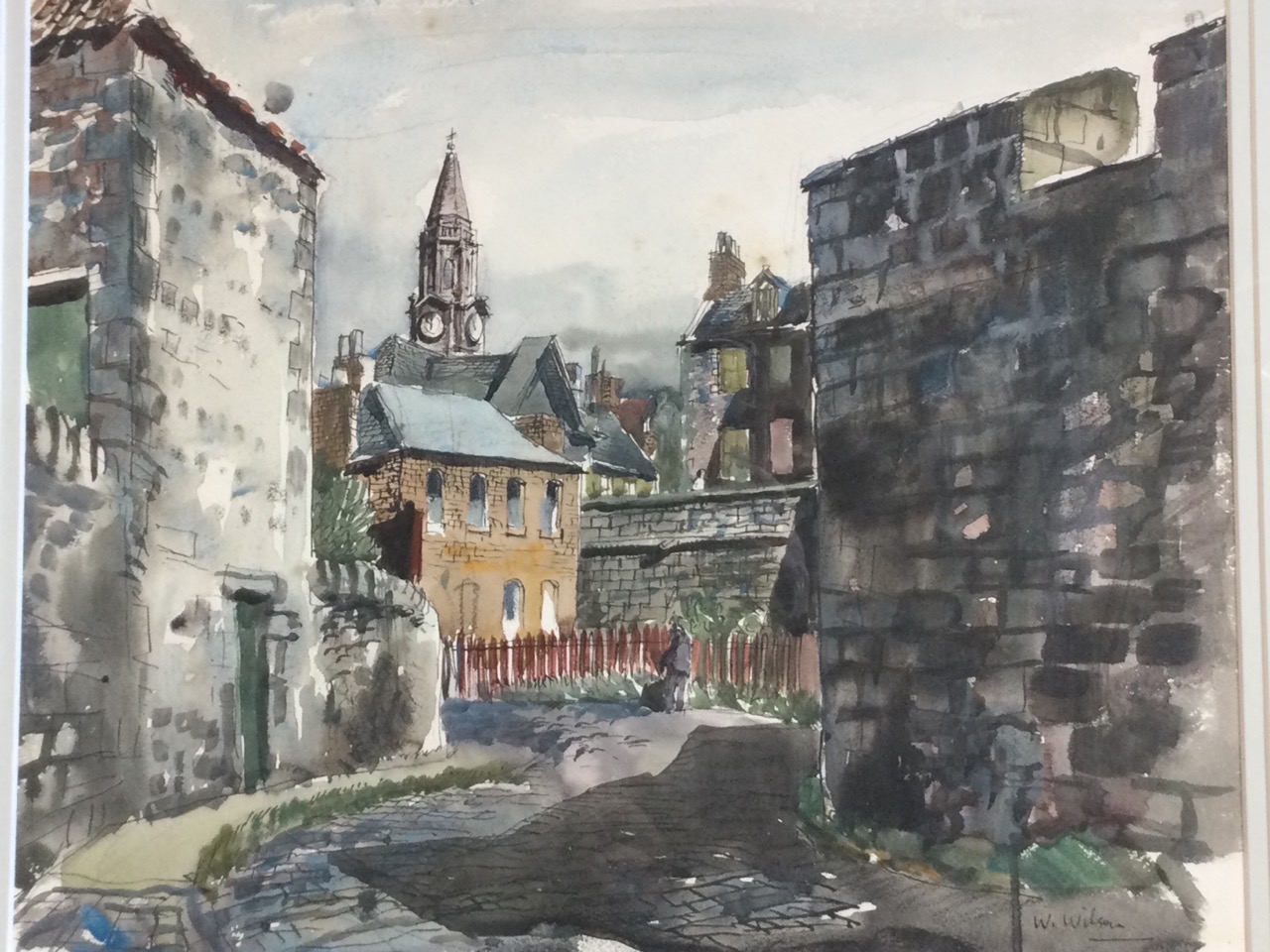 William Wilson, pen, ink & watercolour, study of Berwick buildings from the walls with single