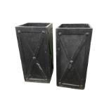 A pair of tall square garden pots moulded with cross panels to sides. (10.25in x 10.25in x 22in) (