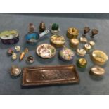 Miscellaneous trinket boxes, cloisonné, a pair of filigree silver vases, pill pots, a malachite egg,