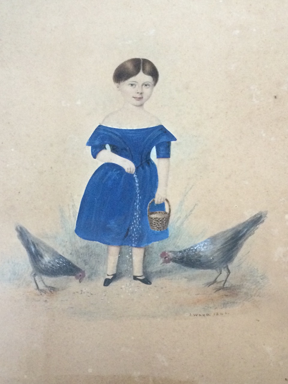J Wood, watercolour, naive Victorian study of a little girl in blue dress with chickens, signed & - Image 3 of 3