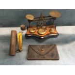 A set of Salters brass spring scales stamped for GPO use in tin GPO case; a telegraph boys leather