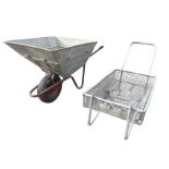 A large galvanised wheelbarrow with angled sides; and a galvanised garden cart with rectangular