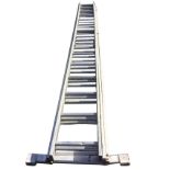 A three-section aluminium ladder, each piece with fifteen square ribbed rungs. (158in)