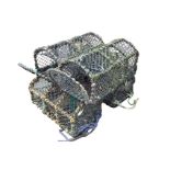 Four 30in lobster pots with arched frames on rectangular grid bases, having hinging ends. (30in x
