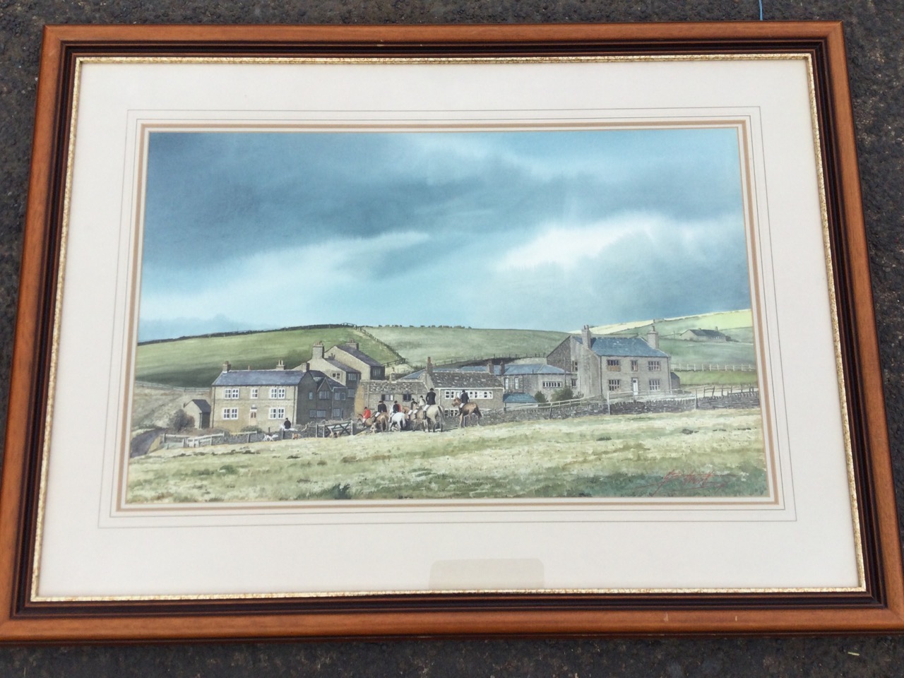 Geoff Butterworth, watercolour, village landscape with mounted hunt, signed, enscribed to label - Image 2 of 3