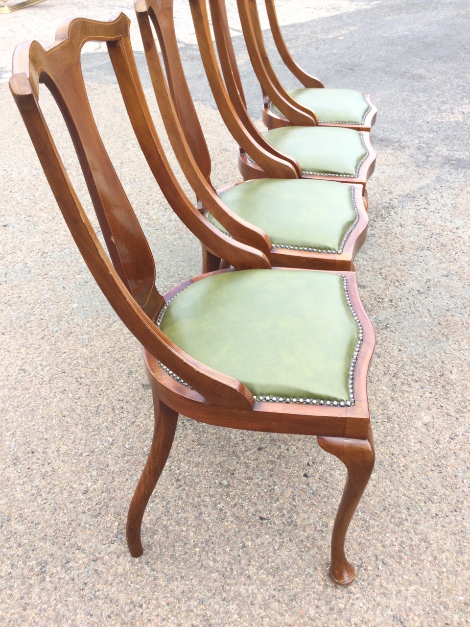 A set of four leather upholstered mahogany dining chairs, the backs inlaid with boxwood stringing - Image 3 of 3