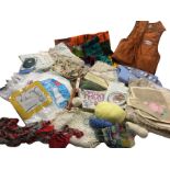 Miscellaneous textiles including unused packaged sheets, embroidery, tablecloths, sewing