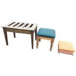 A rectangular slat-topped mahogany luggage stool; a square Victorian mahogany stool with stuffover