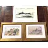 Stanley Angus, drypoint etching of Bamburgh Castle, signed & titled on margin, mounted & framed; and