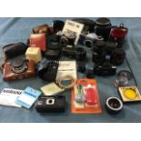 Miscellaneous cameras & photographic equipment including a leather cased Pentax, lenses, flash