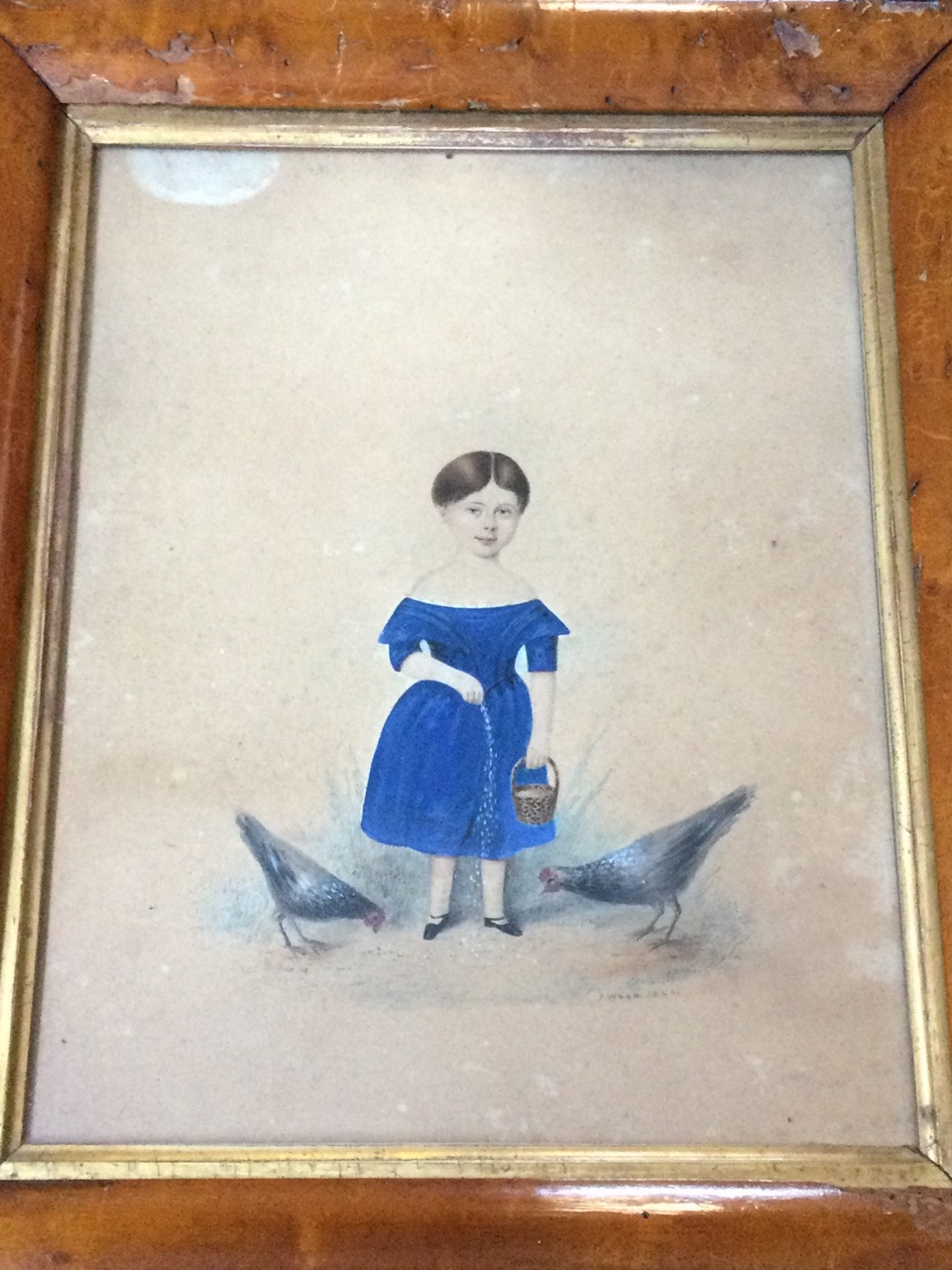 J Wood, watercolour, naive Victorian study of a little girl in blue dress with chickens, signed & - Image 2 of 3