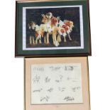 Michael Lyme, a framed print of pencil vignettes of hare coursing, titled A Review of Coursing,