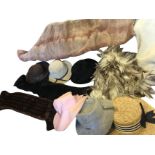 Six colourfully boxed ladies posh hats; and two boxes of fur stoles - musquash, mink, black fox &